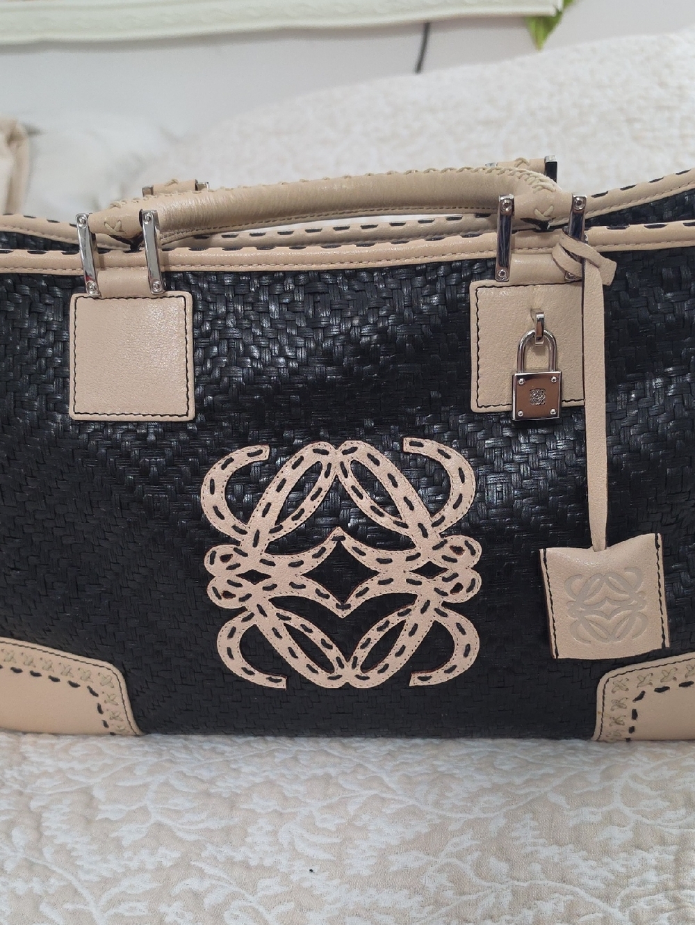 Leather-Trim Woven Satchel Bag - Black & Beige